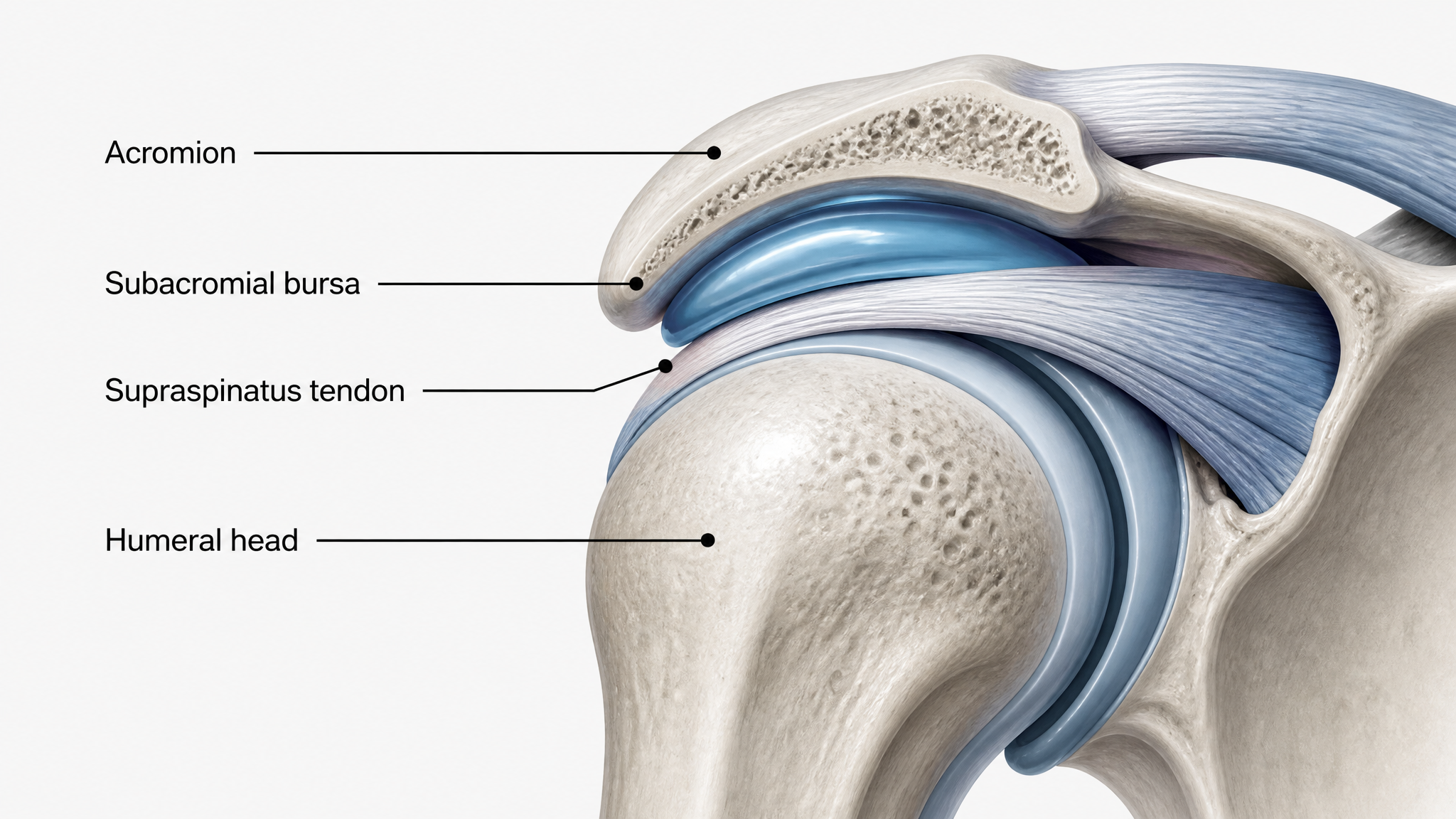 Shoulder anatomy diagram showing the subacromial space, supraspinatus tendon, subacromial bursa, acromion, and humeral head