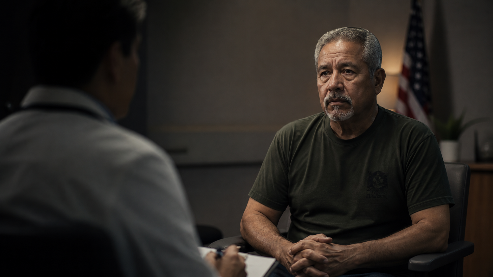 A Hispanic male veteran in his 60s in a quiet oncology consultation room with hands clasped, listening gravely to an out-of-focus physician