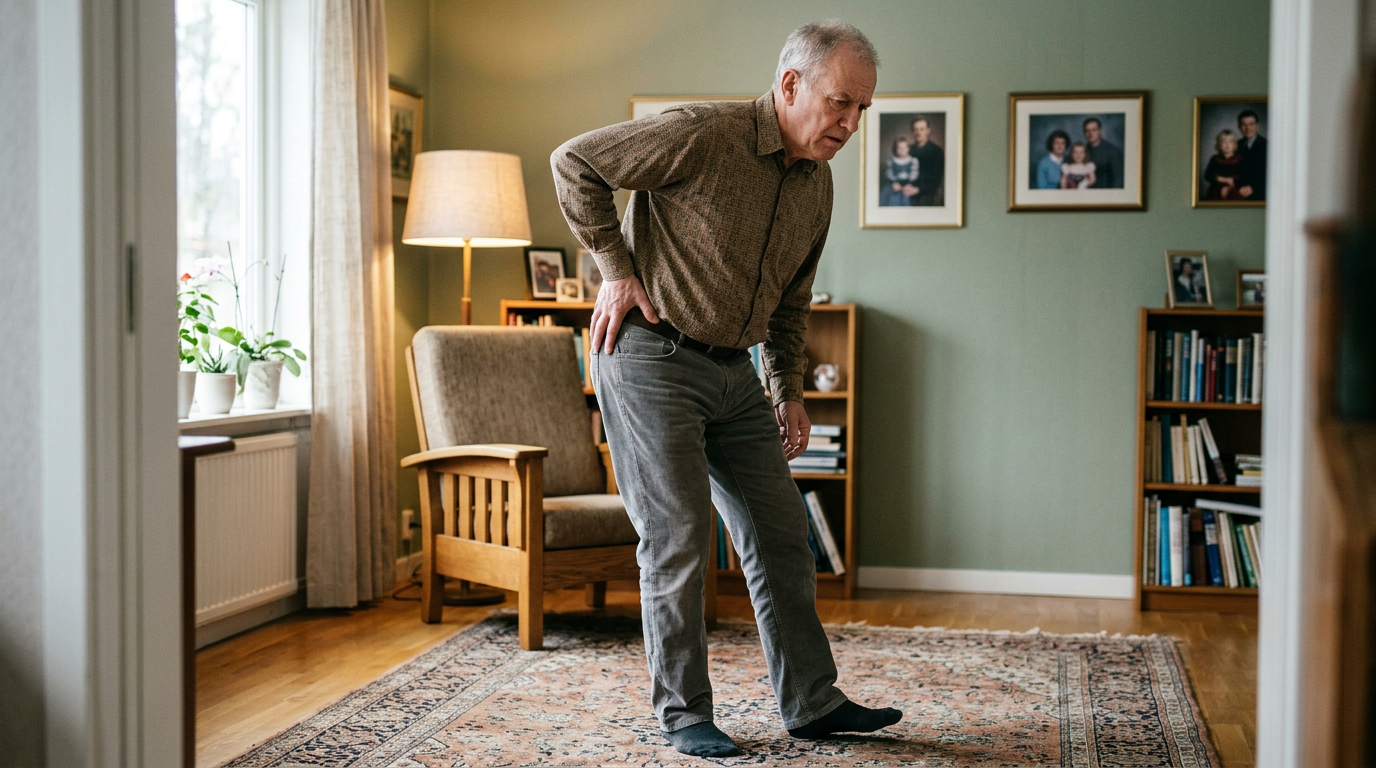 Photograph of an older man rubbing his opposite hip and lower back while favoring one leg from an altered gait