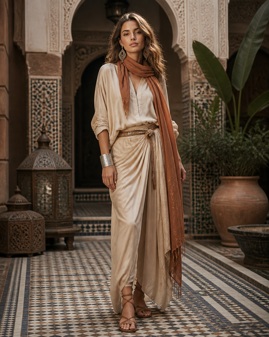 Model wearing the Fatima Cuff in a Marrakech courtyard