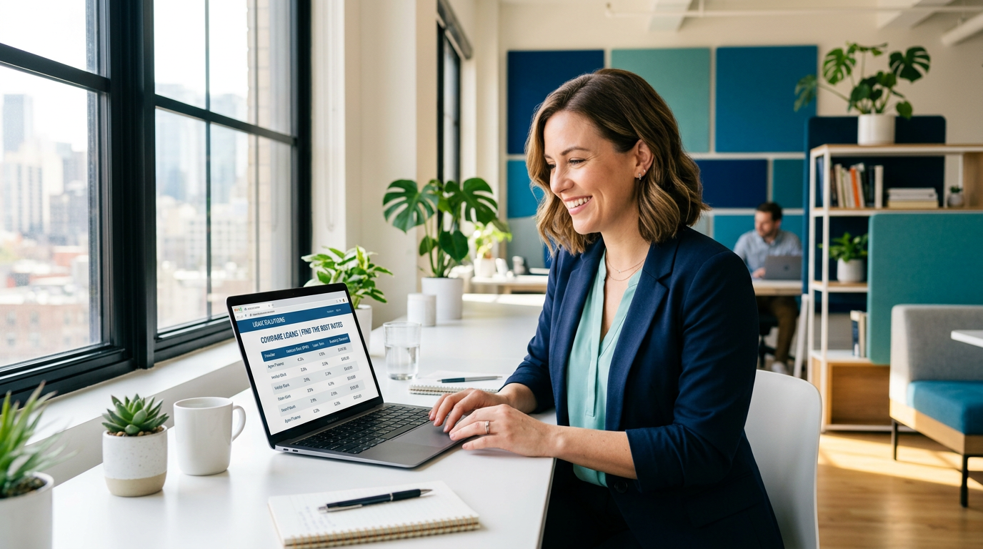 A person comparing personal-loan options on a laptop in a bright modern workspace