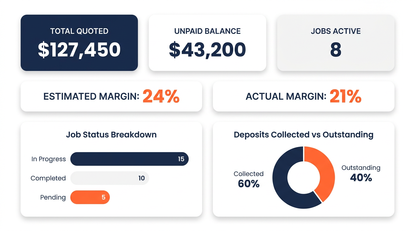 Contractor profit dashboard spreadsheet showing revenue, costs, margins, and visual charts
