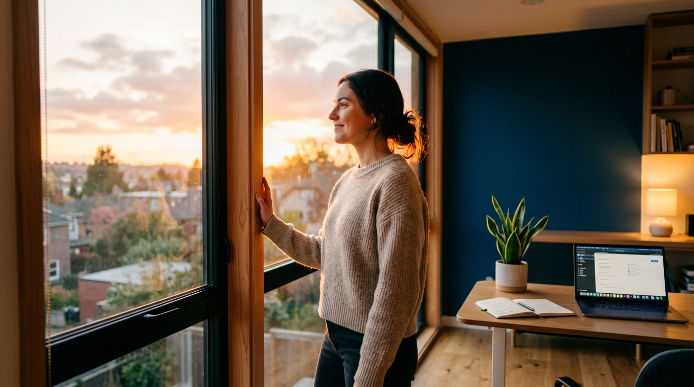 Pessoa ao golden hour contemplando janela com satisfação — a realização da produtividade sustentável