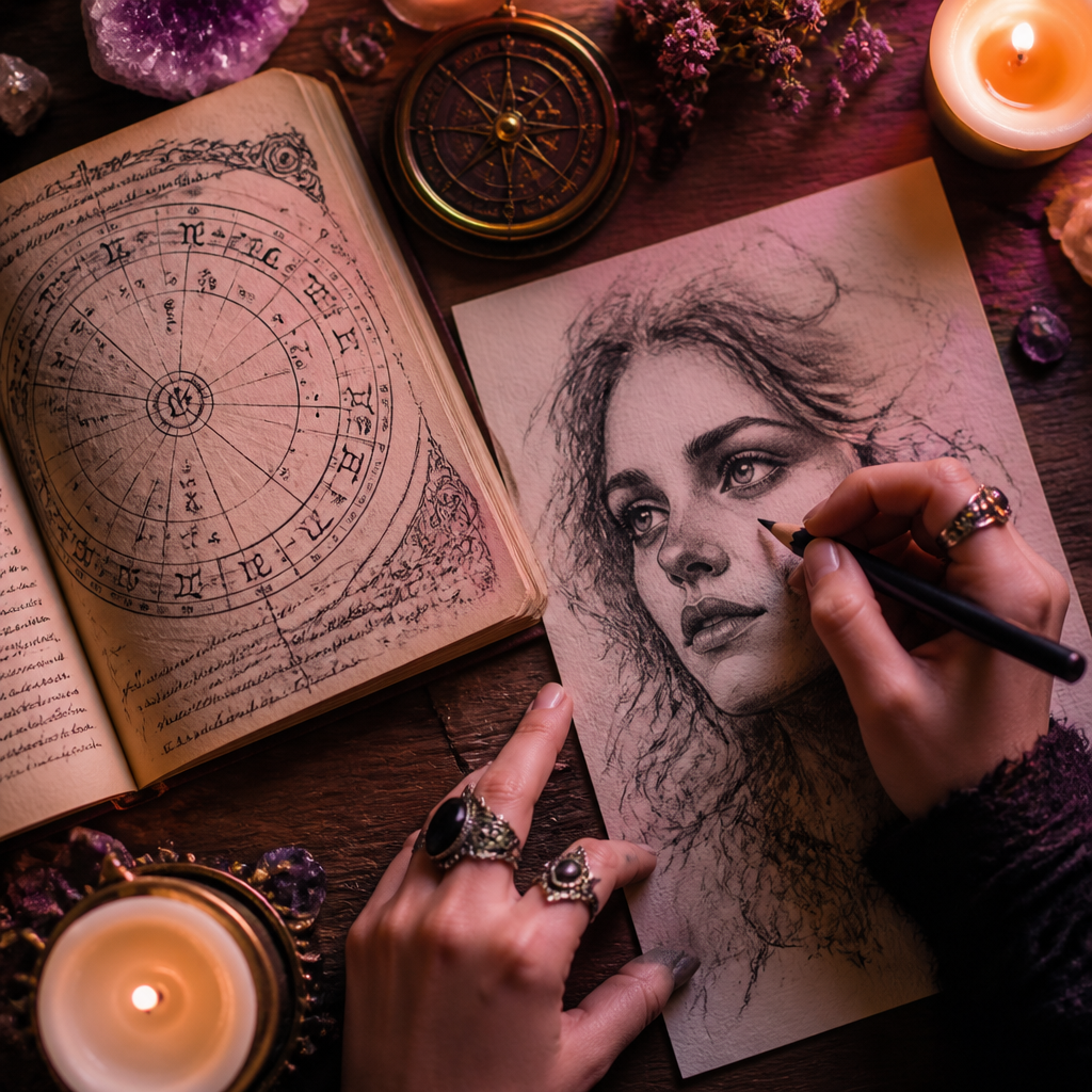 Overhead view of an artist's hands drawing a charcoal portrait beside an open astrological notebook