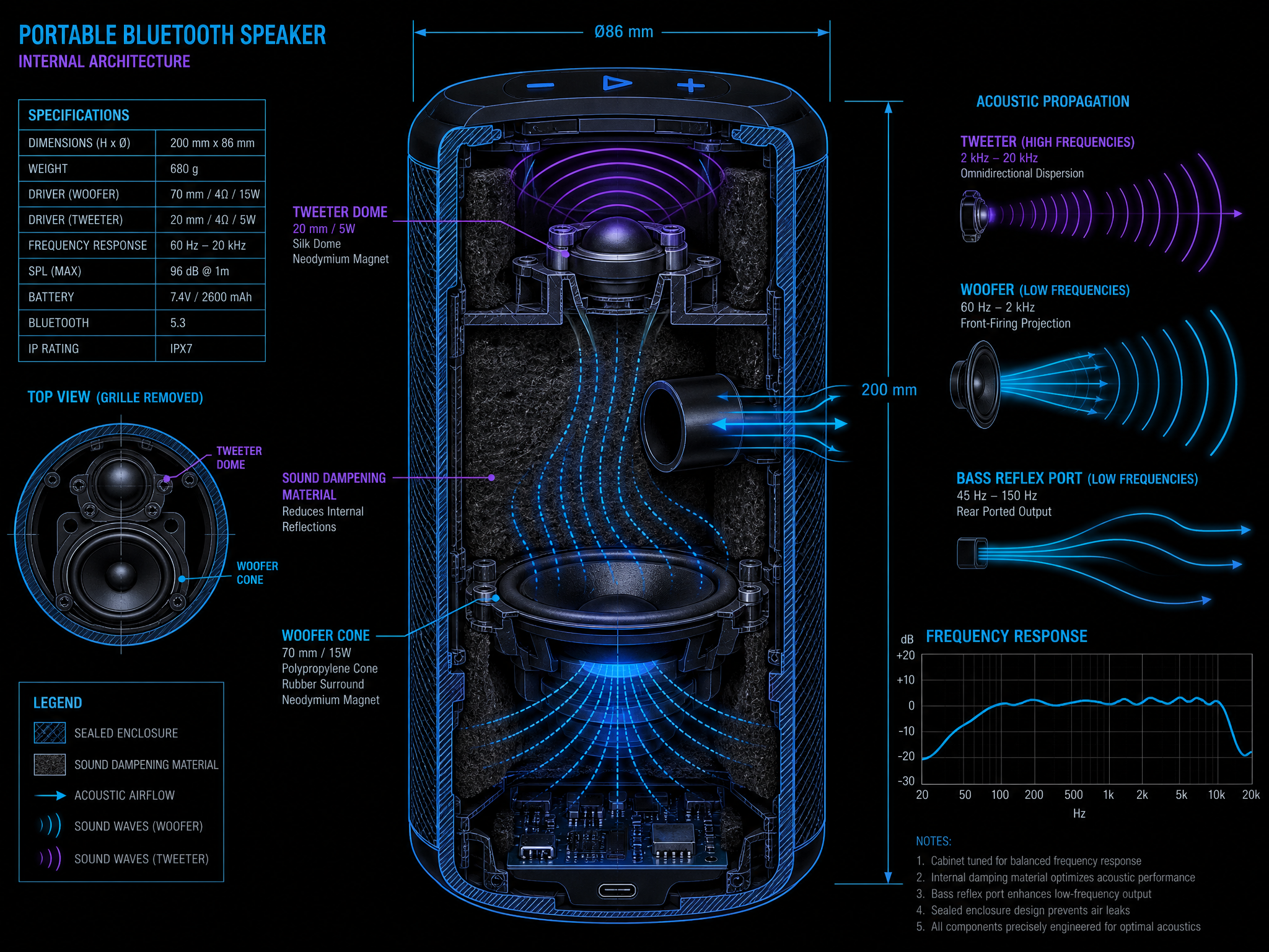 Scientific cross-section diagram of Stroboscopic Speaker showing bass-reflex port, dual speaker drivers, acoustic chamber with damping material, and luminous sound wave propagation patterns