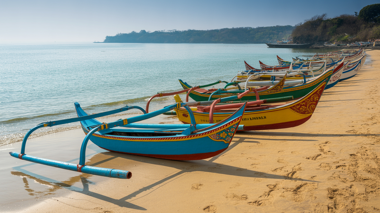 Colorful traditional Balinese jukung outrigger fishing boats lined up on the golden sand of Jimbaran Bay beach with calm turquoise water