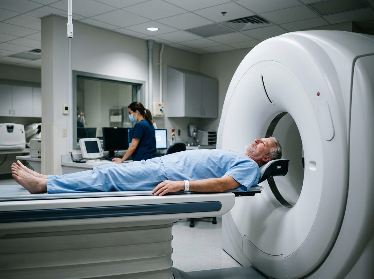 Male veteran lying on a CT scanner table sliding into the imaging ring for a sinus CT scan in a radiology suite
