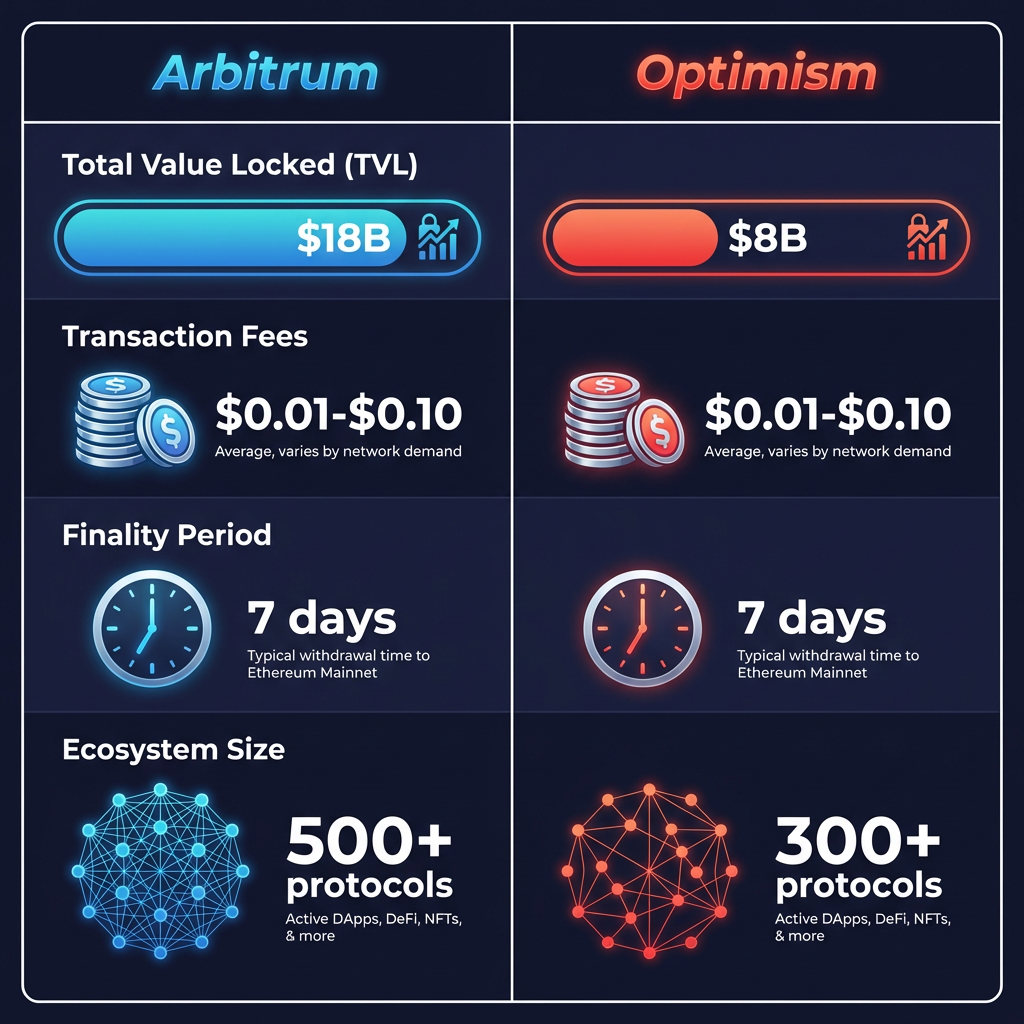 Arbitrum vs Optimism key metrics comparison chart - TVL fees finality