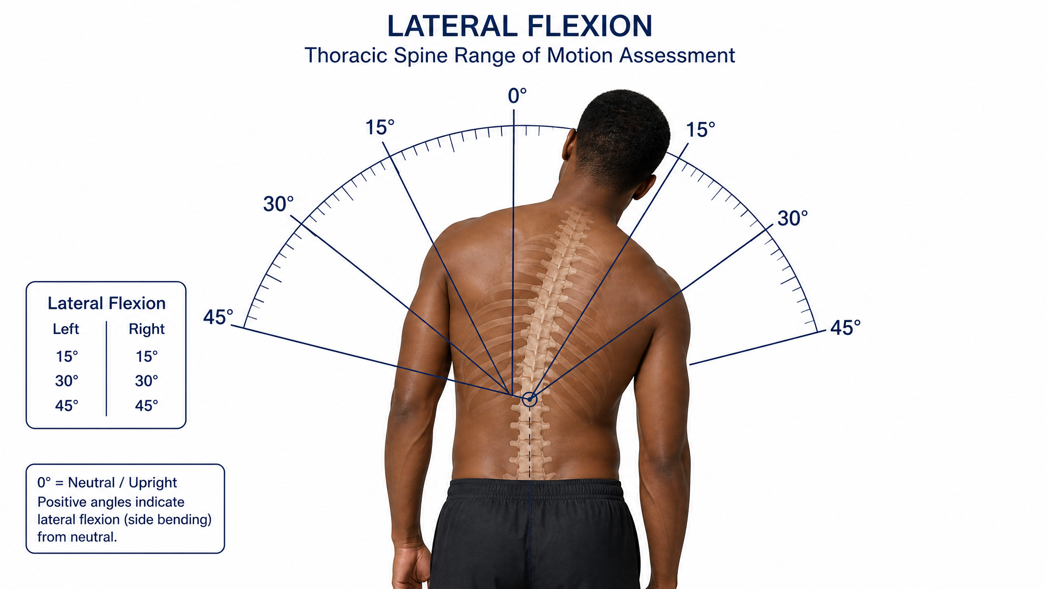 Labeled teaching diagram on a white background showing thoracolumbar lateral flexion measured with a goniometer, 0 to 30 degrees each side