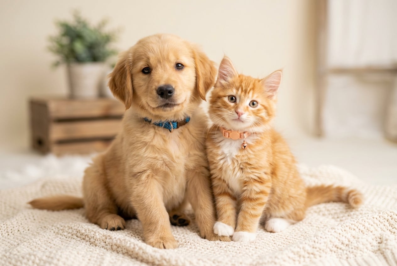 A happy golden retriever puppy and a cute kitten together