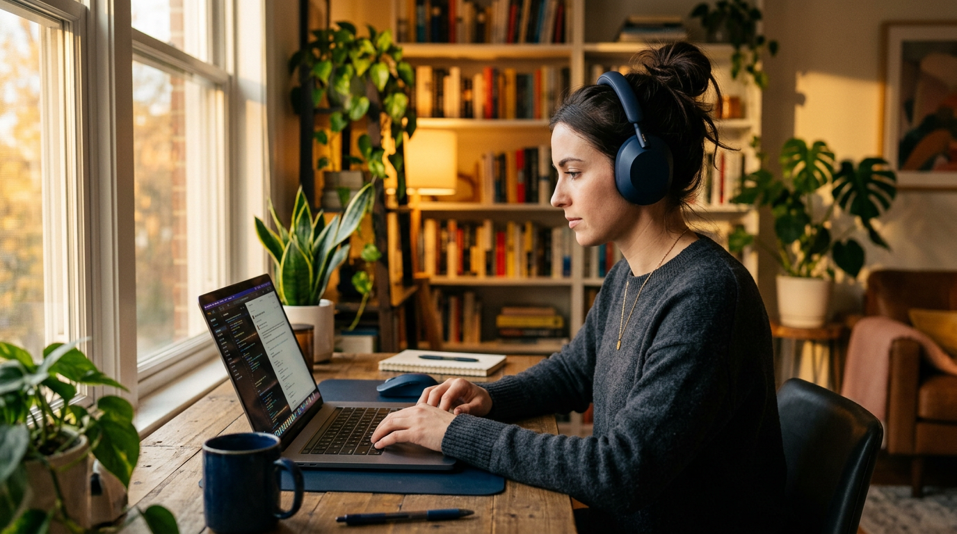 Pessoa usando fones com cancelamento de ruído em concentração profunda no home office