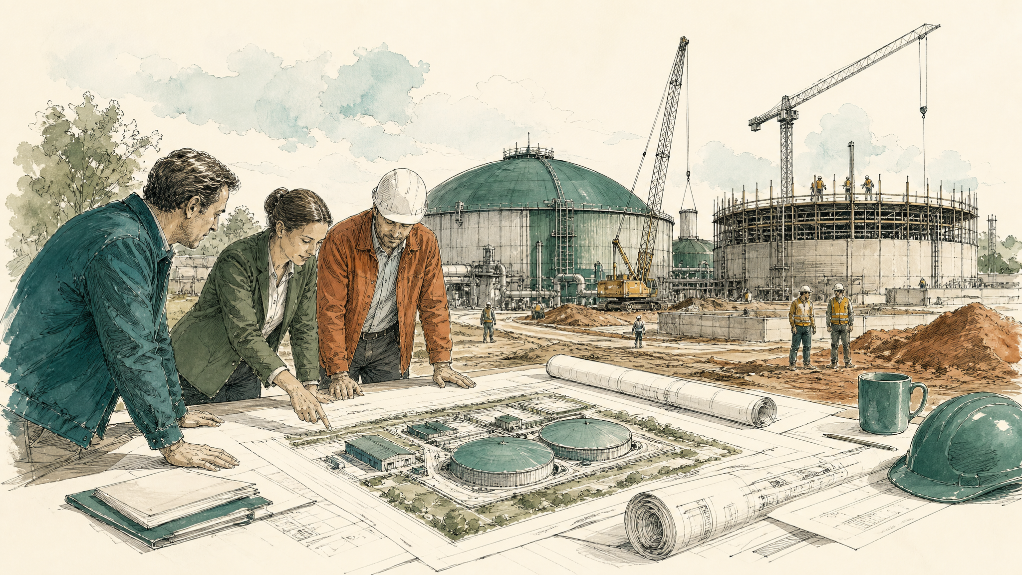 Illustration of a development team reviewing plans for a new biomethane plant