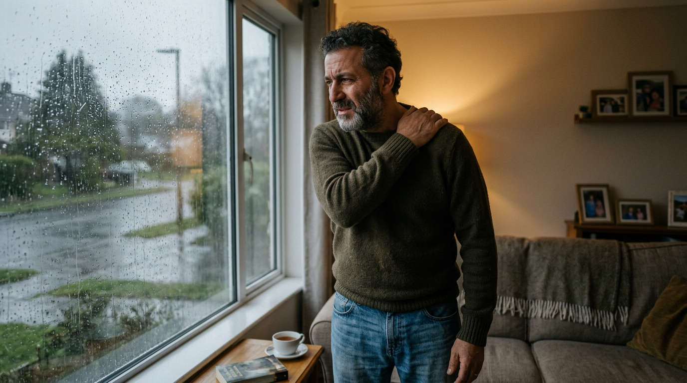 Middle Eastern male veteran rubbing painful shoulder while looking out window at rainy weather
