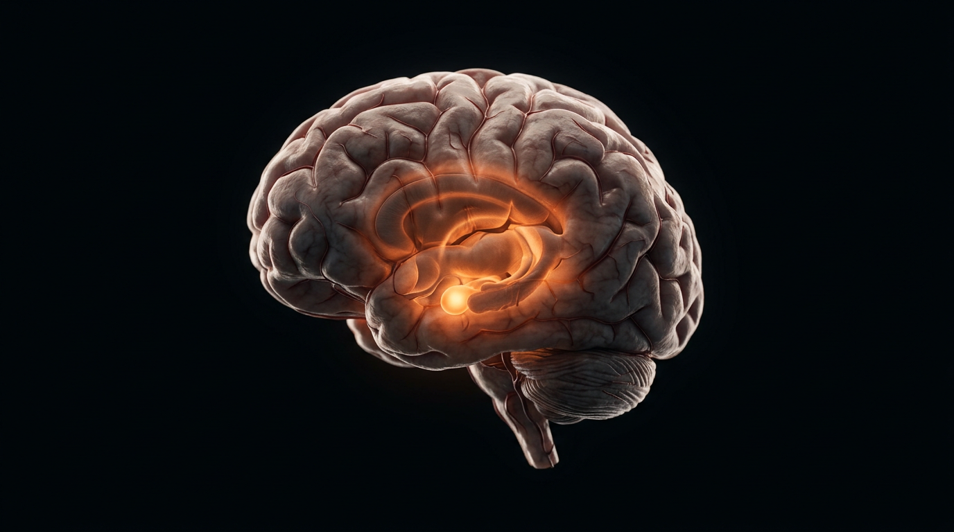 A detailed 3D anatomical render of a human brain on a black background, with a warm orange glow deep in the limbic system
