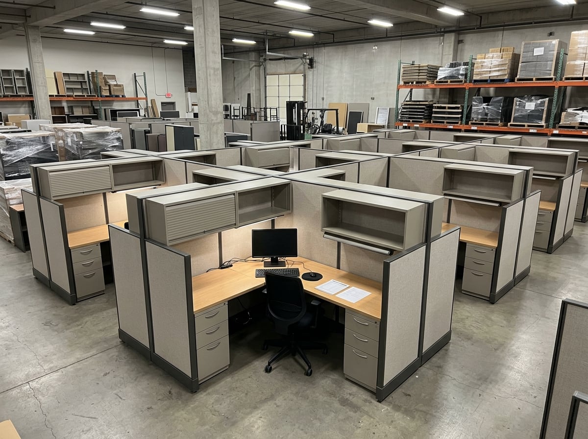 Modern office cubicle workstations with fabric panels and work surfaces