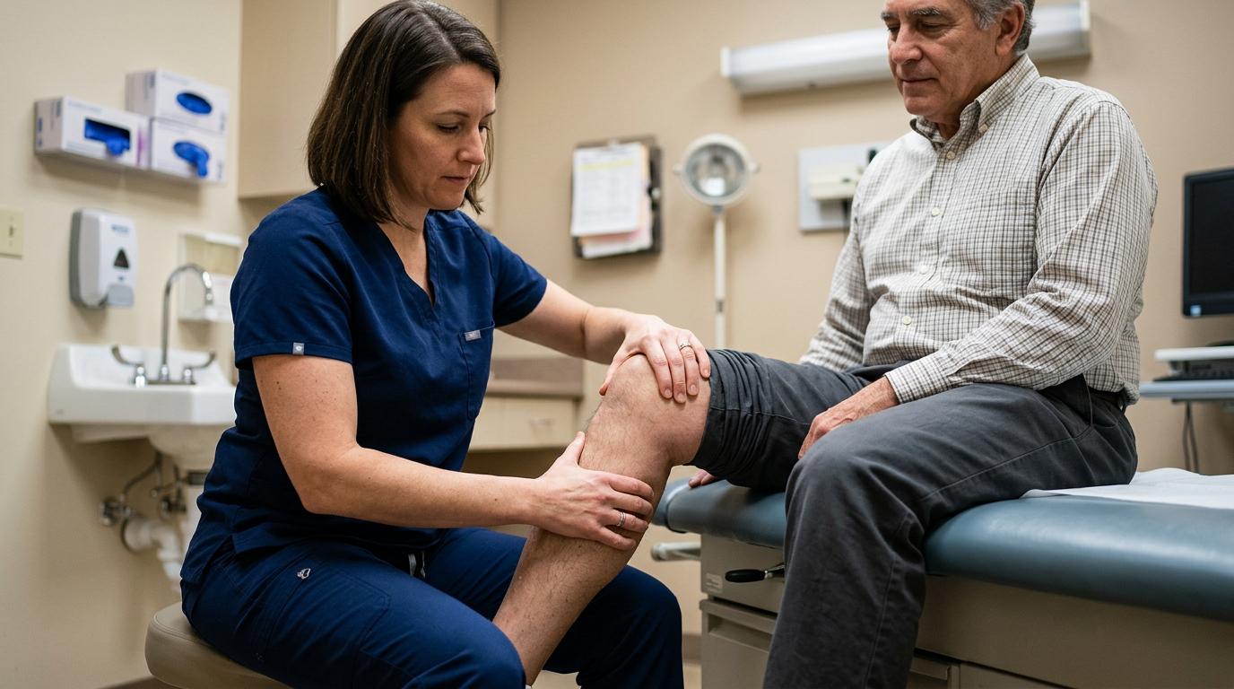 Clinician performing a hands-on knee stability test on a seated veteran's flexed knee in an examination room