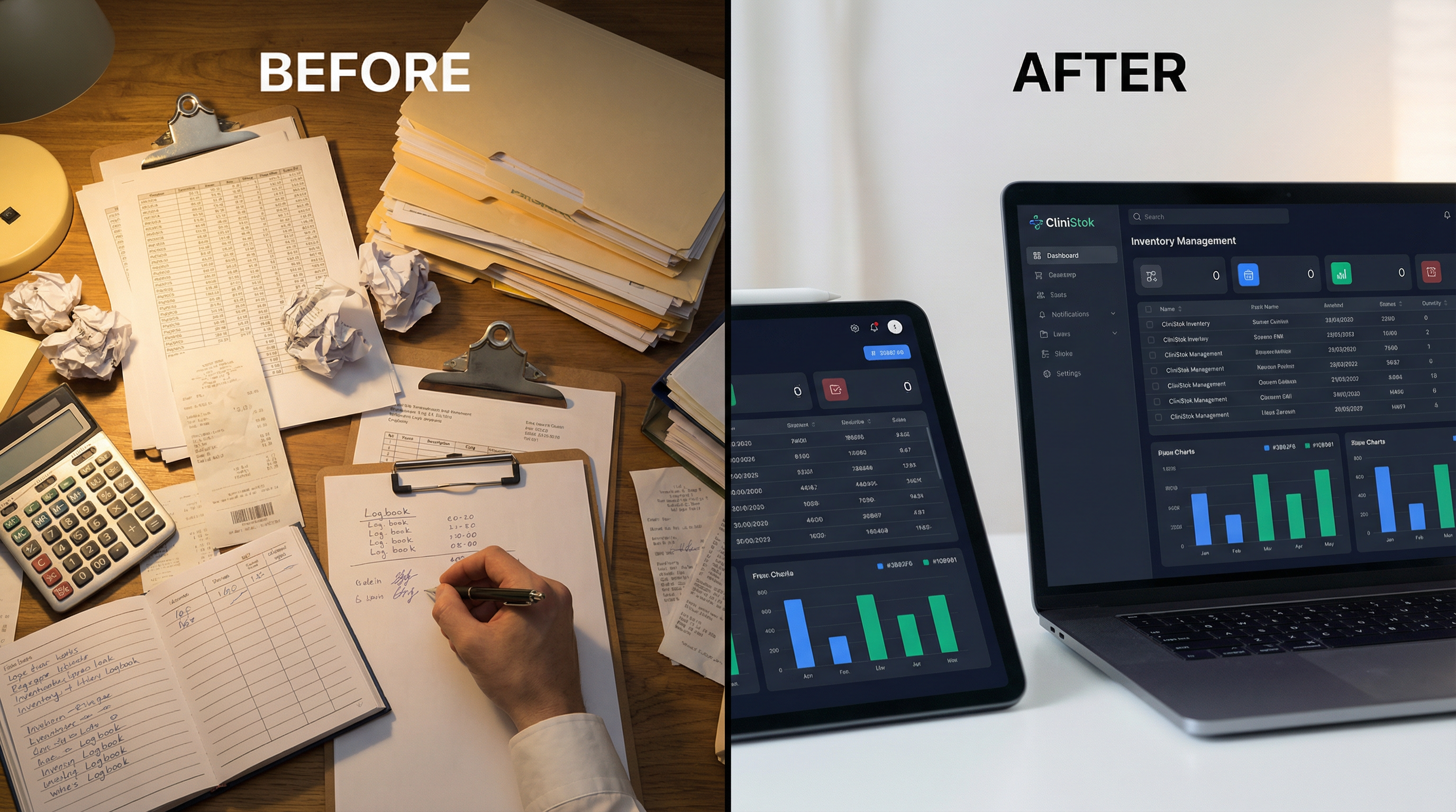 Comparação visual: gestão manual com planilhas versus dashboard digital organizado do CliniStok