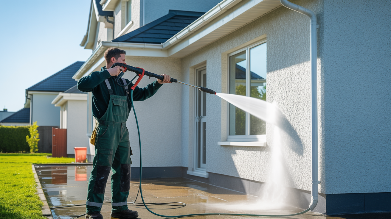 Professional power washing exterior walls of modern Irish home in Dublin