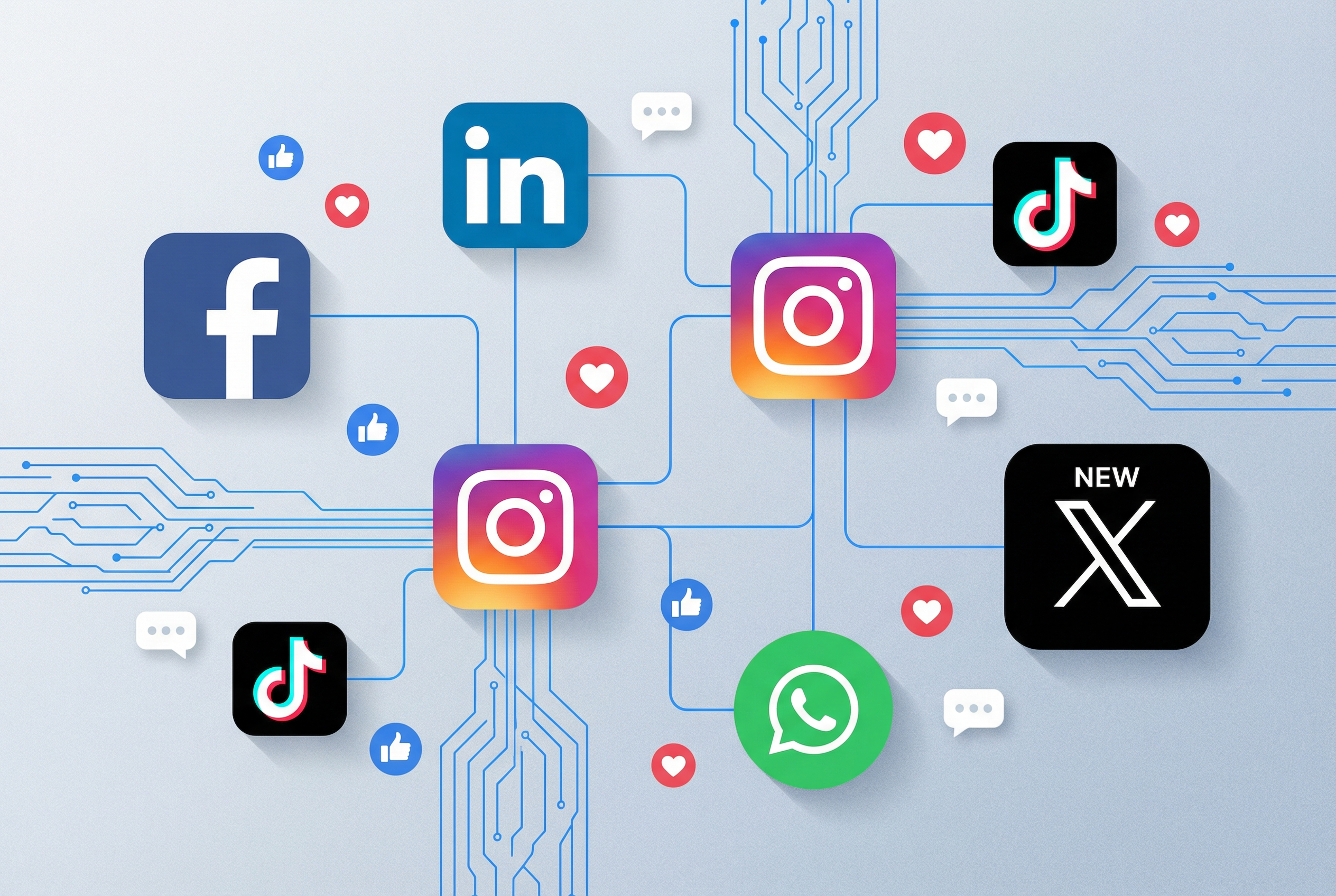 Modern social media platform icons including X, Facebook, Instagram, LinkedIn, TikTok, and WhatsApp connected by circuit lines