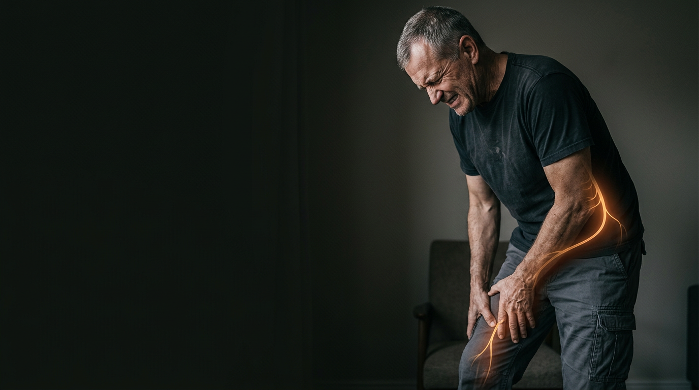 A mature male veteran standing to the right of the frame holding the front of his thigh in pain, a hot-orange femoral nerve pathway glowing from the lower spine down the front of the thigh toward the knee, deep shadow filling the left of a dark cinematic room