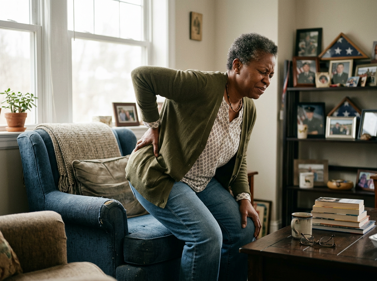 A veteran standing from a chair with one hand pressed against her lower back, morning stiffness from chronic strain