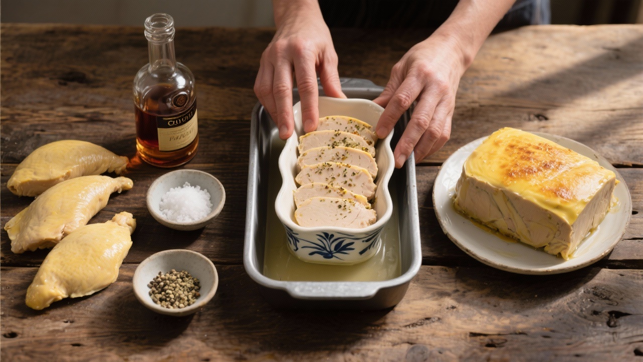 Foie gras maison traditionnel dans une terrine, recette festive française facile et raffinée, prêt à être dégusté avec pain et confit de figues.