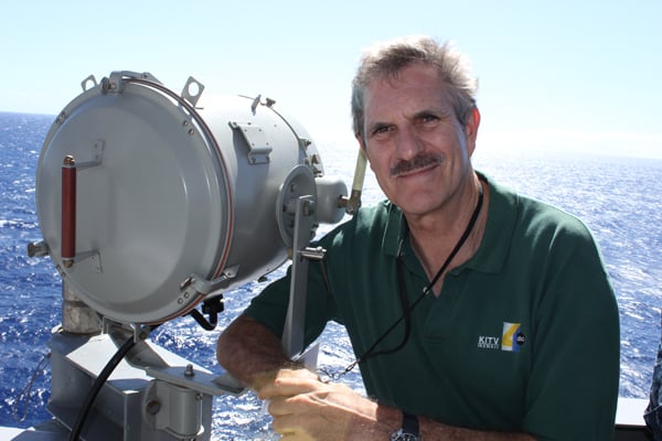 Dick reporting in the field holding a KITV Hawaii news microphone