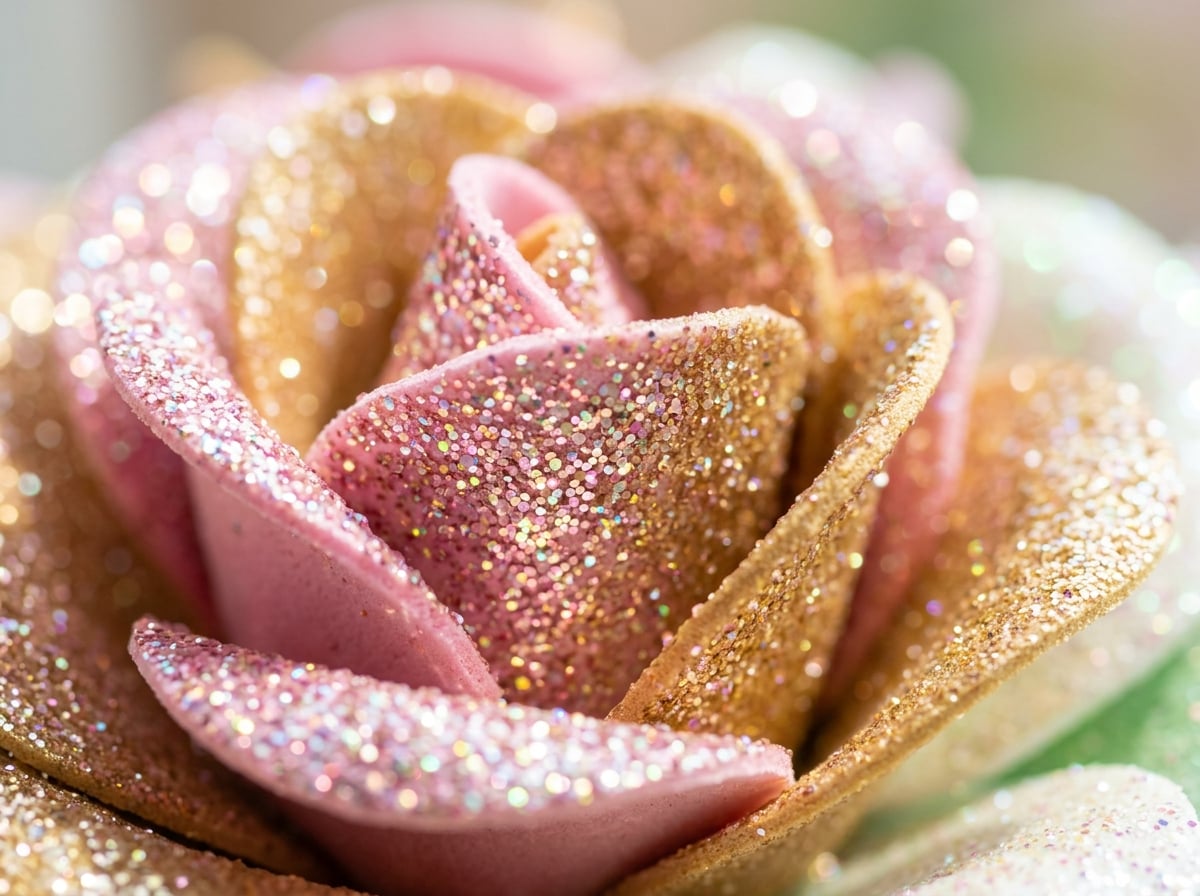 Close-up of glitter EVA foam petals catching light on a giant decorative flower