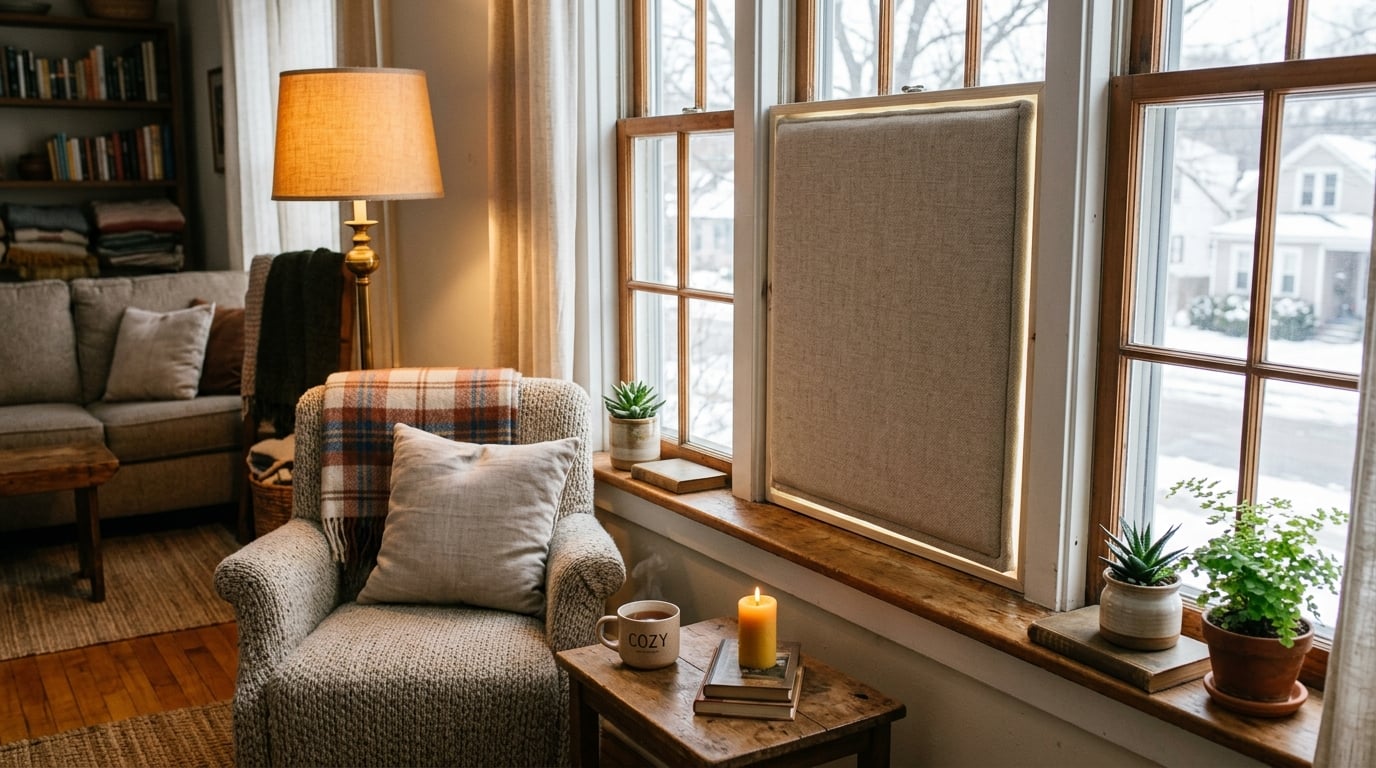 A cozy warm room with a DIY fabric-covered insulated window insert fitted snugly into the window frame