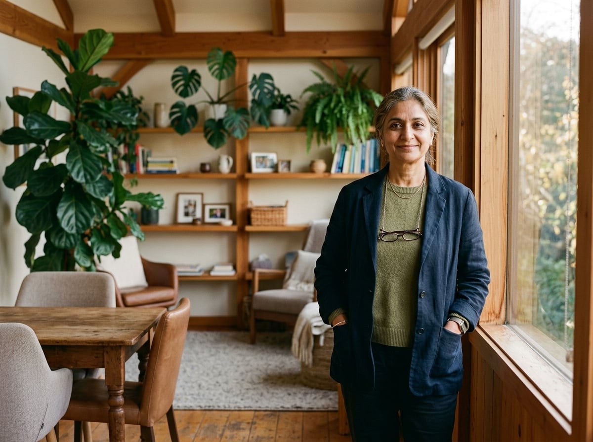 A clinical practitioner standing thoughtfully in a warm consultation room — quiet authority and deep experience