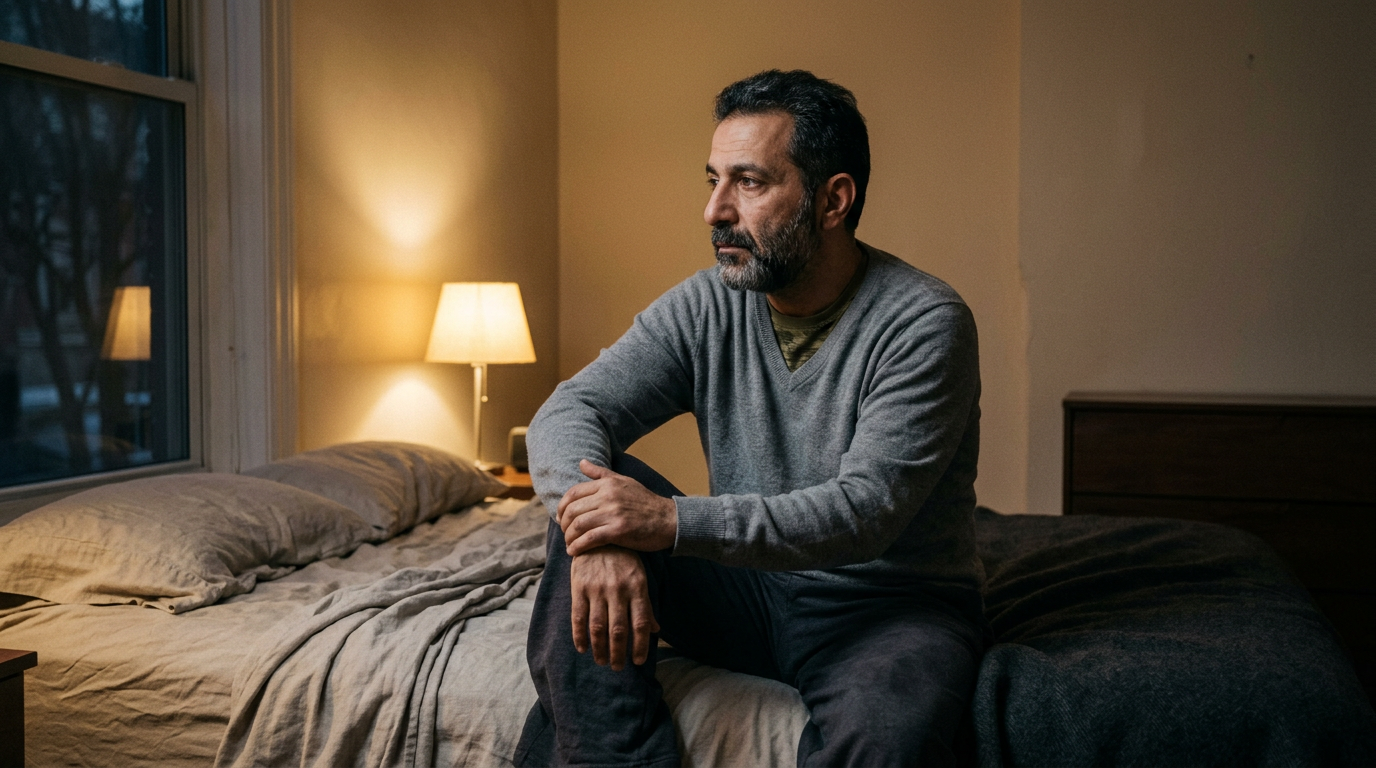 Veteran sitting on the edge of a bed in dim lighting, depicting avoidance of intimacy