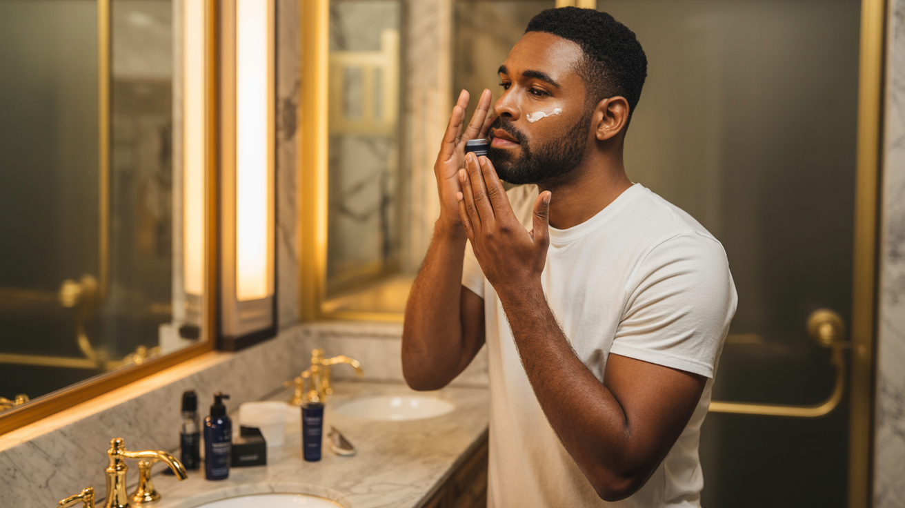 Man applying premium skincare products