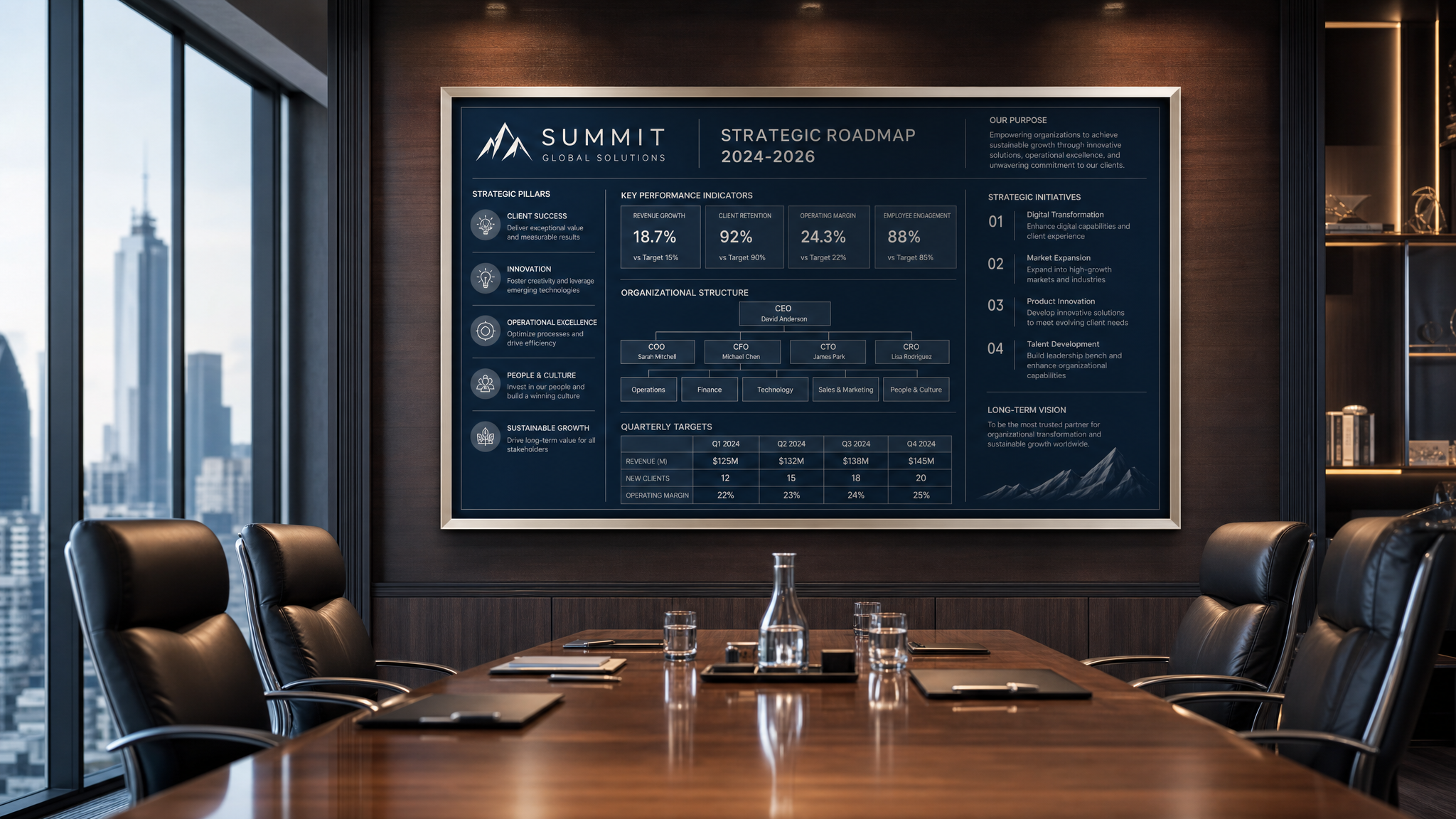 Executive infographic strategy board in a premium boardroom