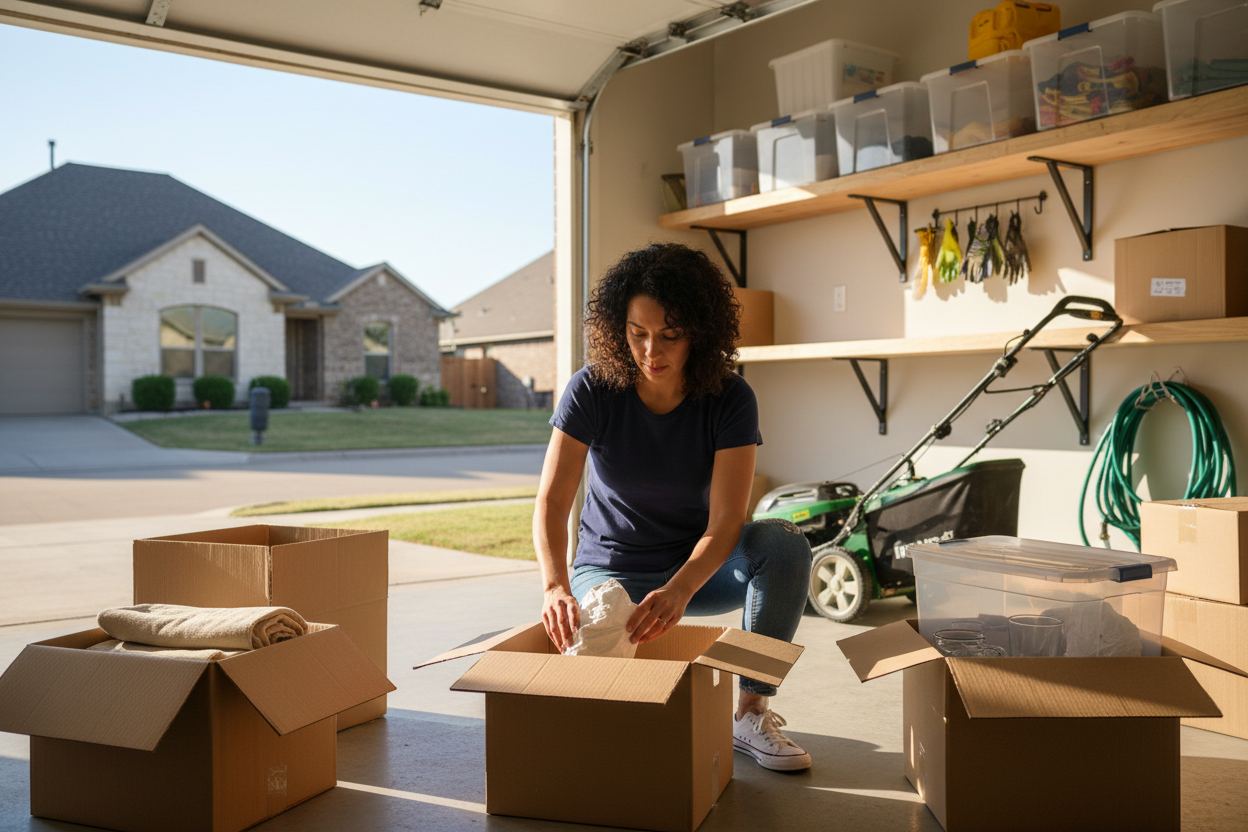 Leander homeowner organizing and packing boxes in a clean garage before listing their home