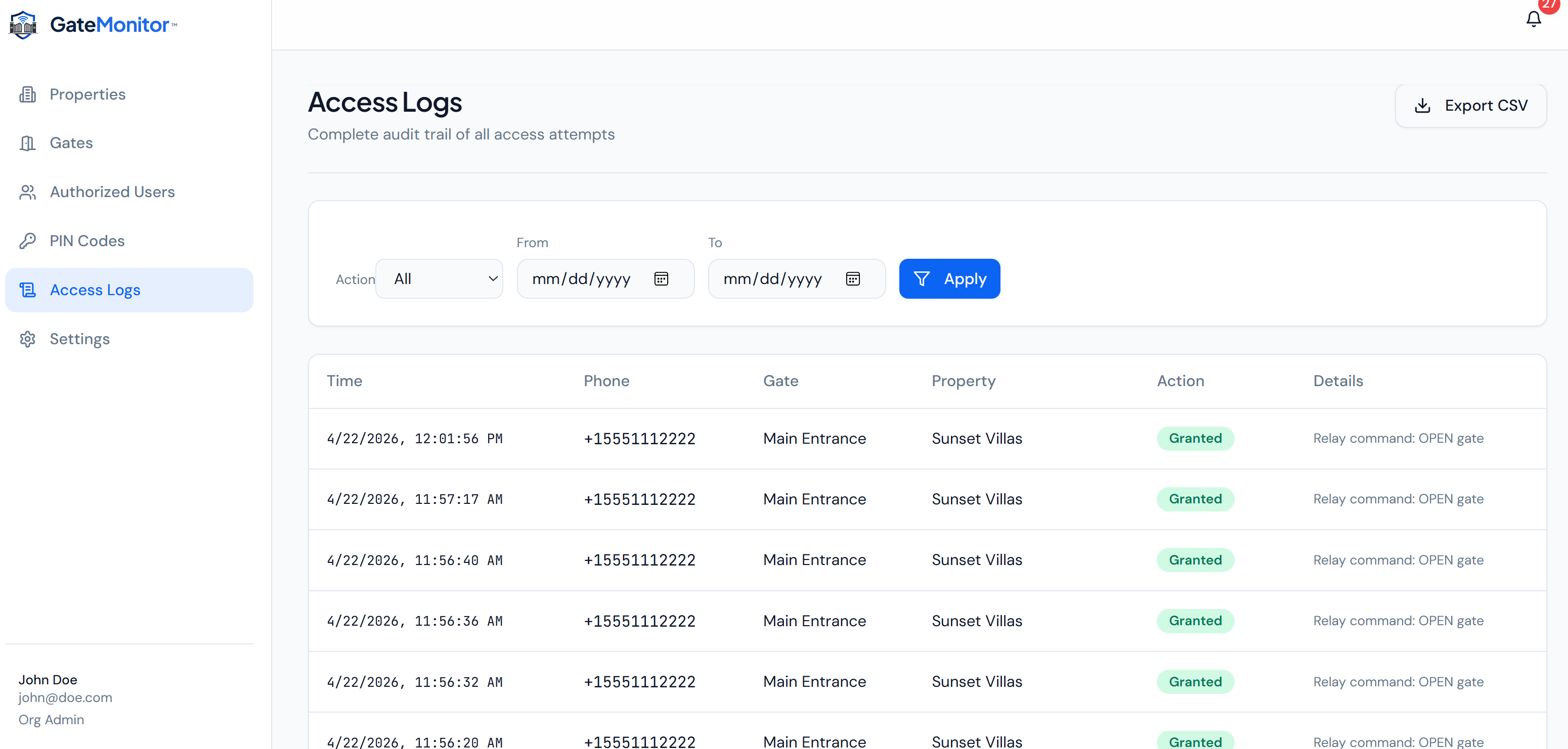 Admin access log showing timestamped gate openings with user, gate, and method