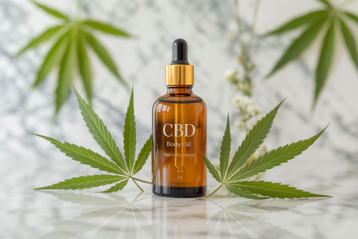 CBD body oil product in amber glass bottle with hemp leaves on white marble surface