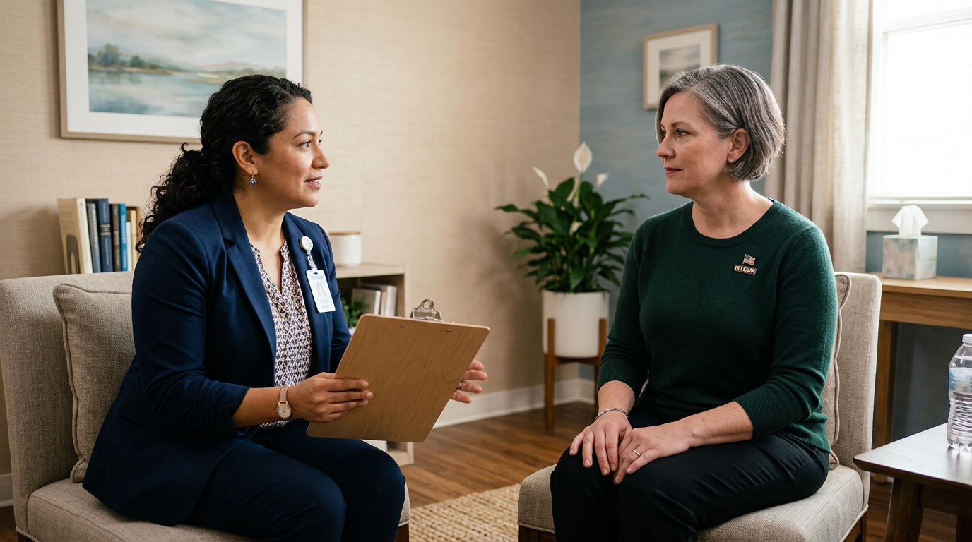 Hispanic female clinician speaking with a woman veteran in a warm professional office, holding a blank clipboard