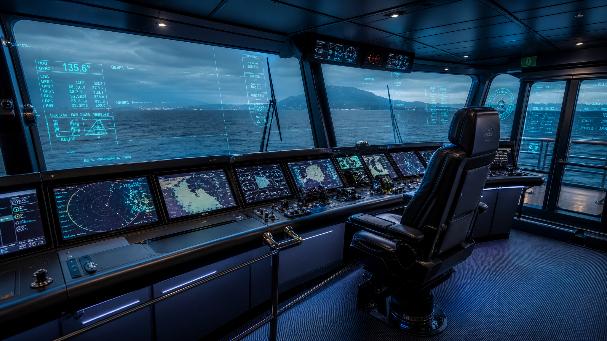 Ship bridge with transparent display windows showing navigation charts