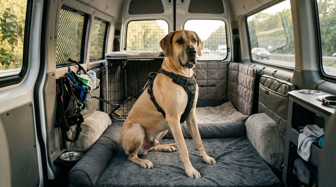 A large Great Dane sitting comfortably in a spacious vehicle interior