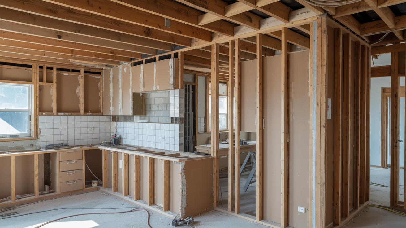 Kitchen wall demolition revealing structural framing and beams