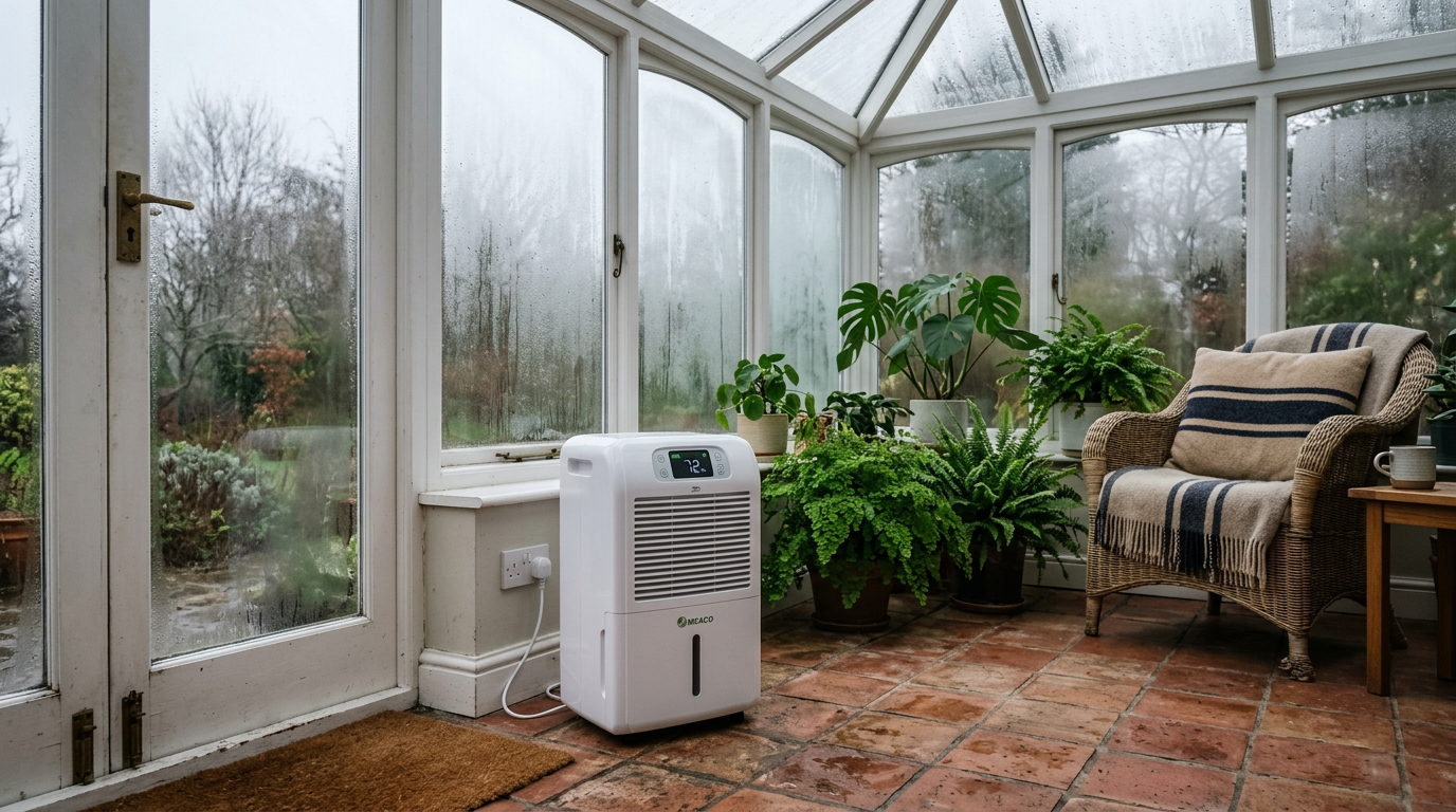 A white dehumidifier in a UK conservatory with condensation on the glass and a grey winter sky outside