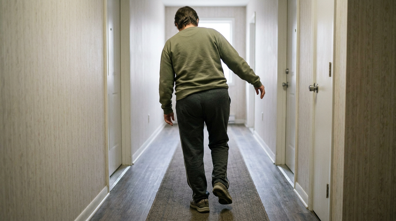 Photograph of a person walking down a hallway with a pronounced limp, the opposite hip compensating for the bad knee