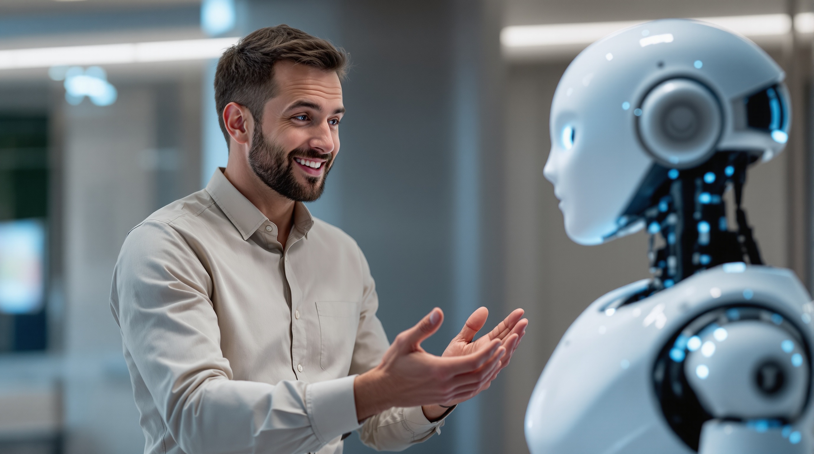 Čovek komunicira sa humanoidnim robotom uz osmeh, simbol saradnje između ljudi i veštačke inteligencije