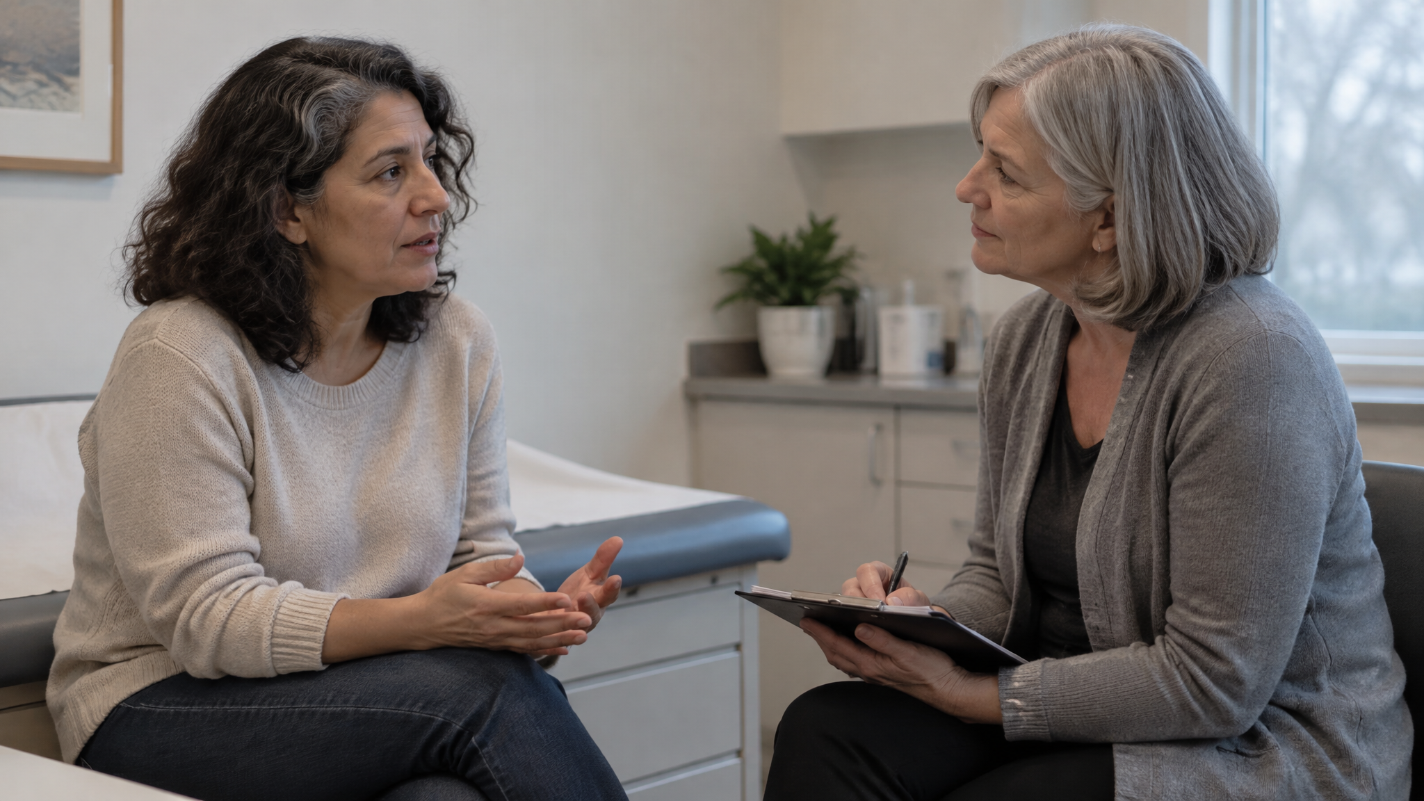 A woman veteran in her fifties speaking with a female examiner in a quiet exam room