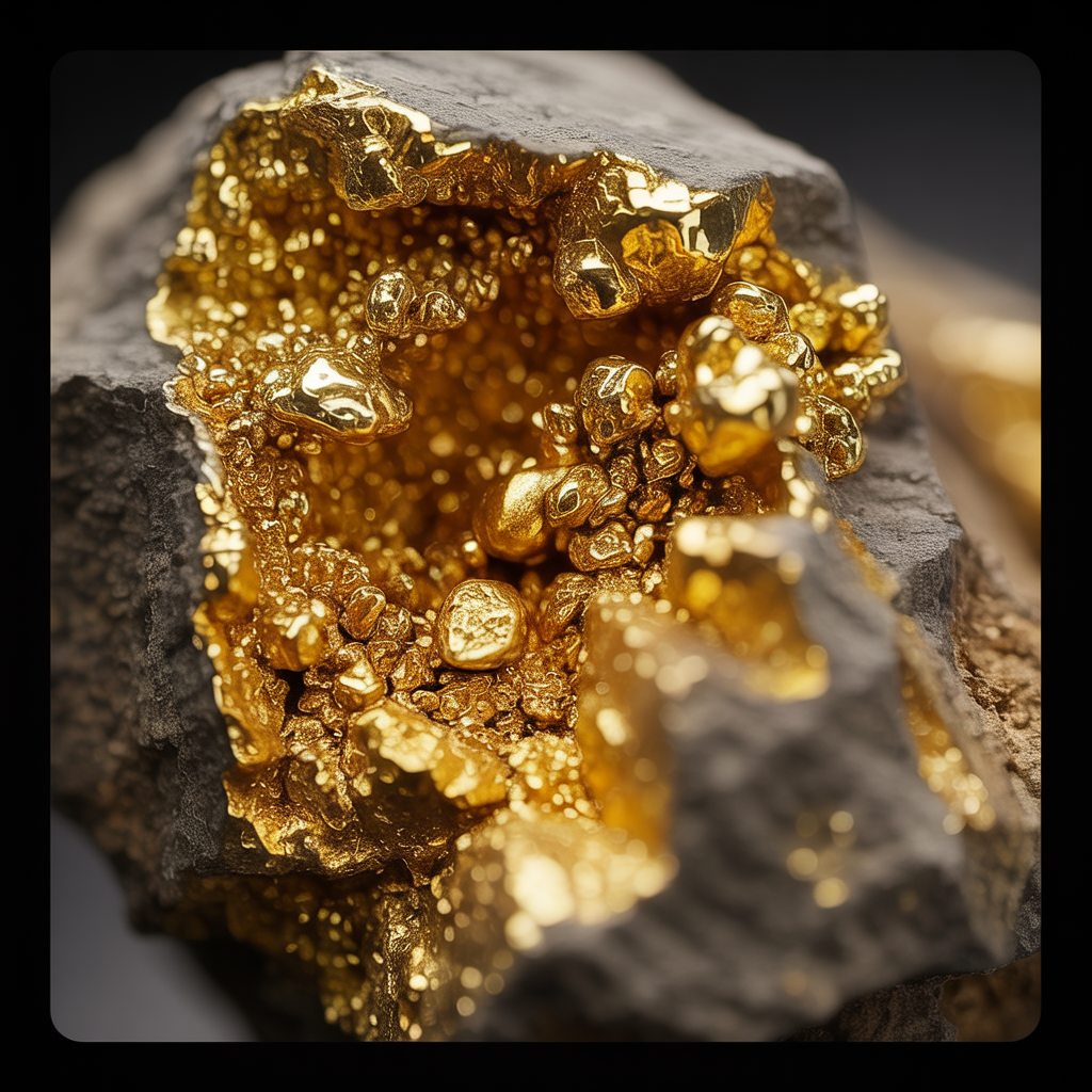 Close-up of gold ore mineral specimen showing metallic veins