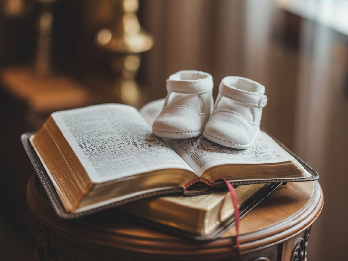 Open Bible with baby shoes
