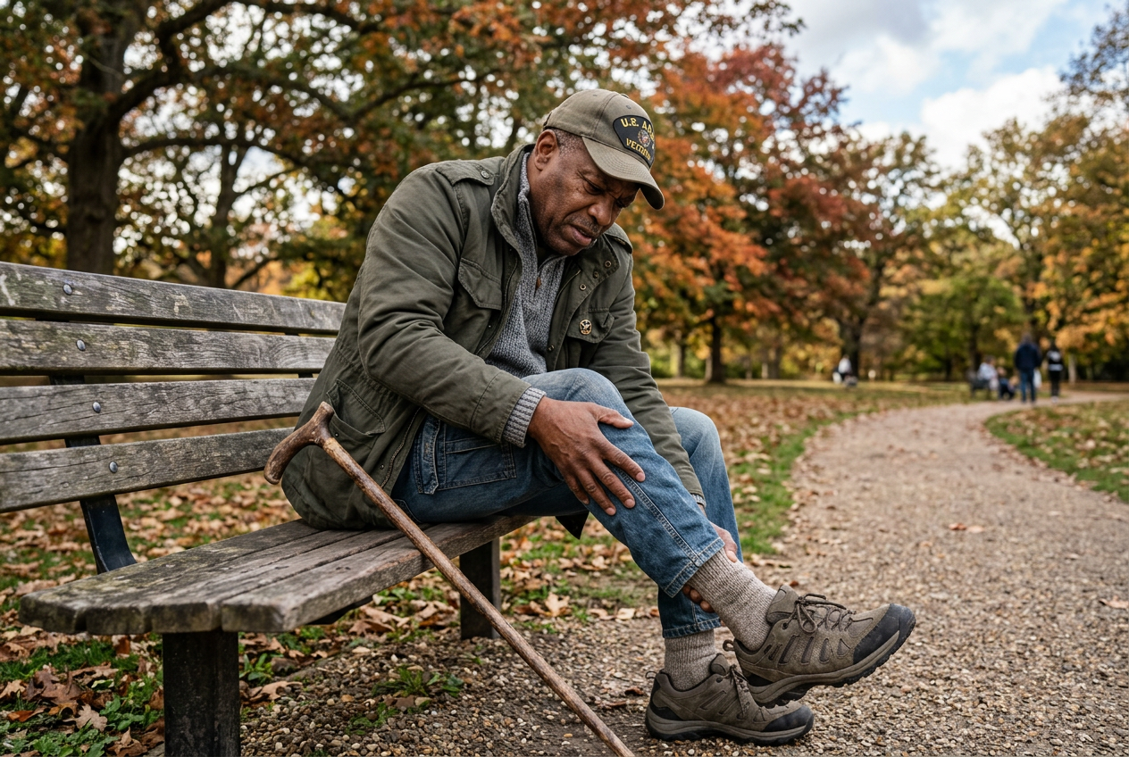 Black male veteran in his 60s sitting on a park bench rubbing his feet and lower legs showing discomfort from diabetic peripheral neuropathy