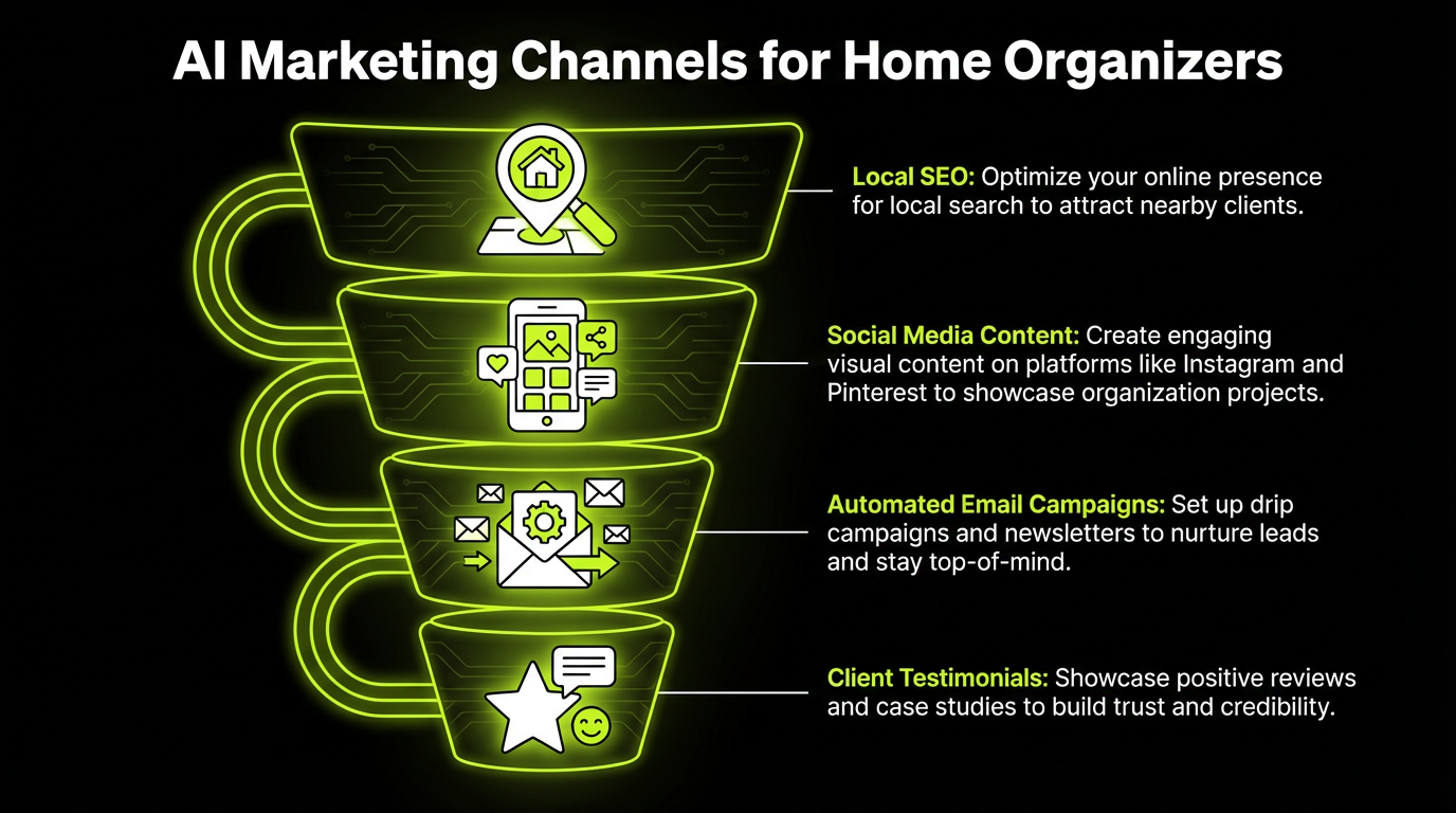 Infographic showing AI marketing channels for home organizing services including local SEO, social media, email campaigns, and client testimonials