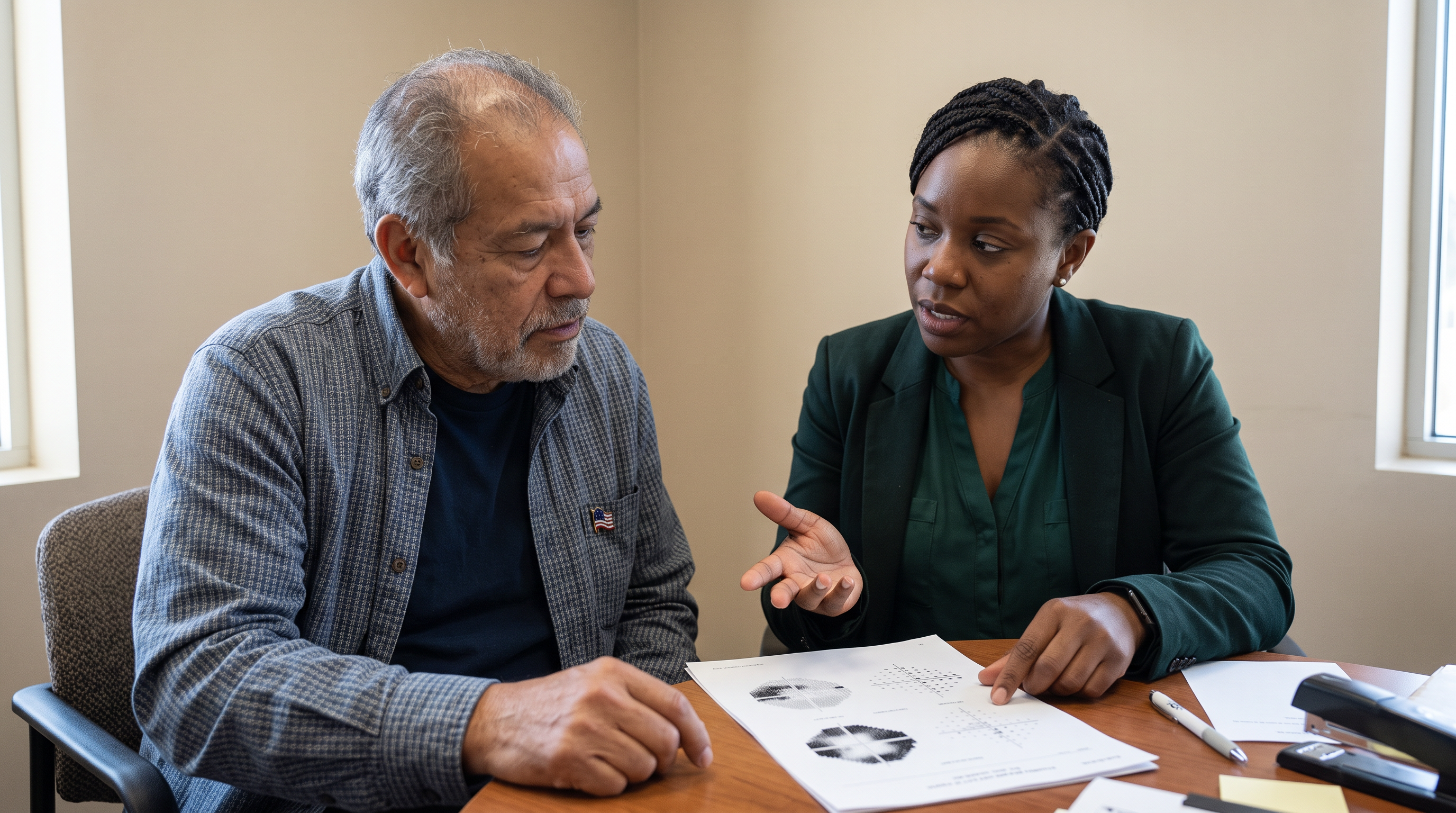 Veteran reviewing visual field test results and eye examination documentation with an advocate
