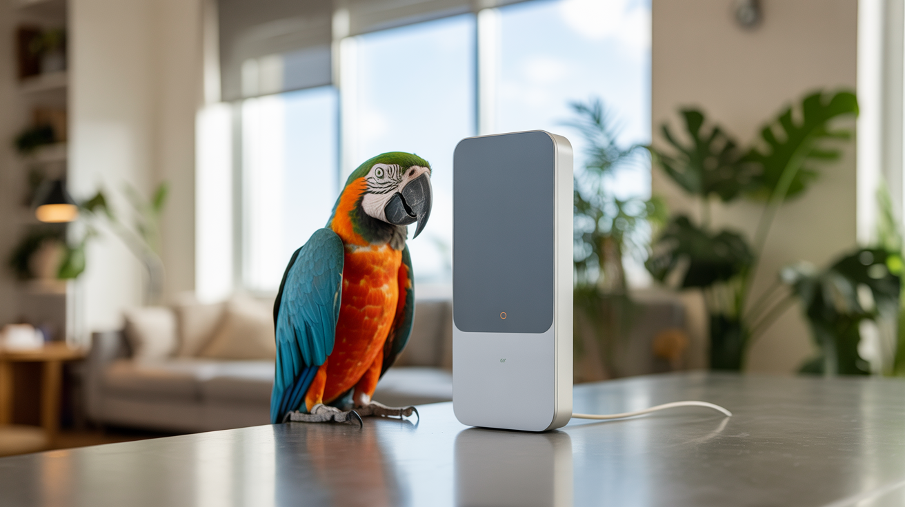 Macaw parrot near smart environmental monitor in modern apartment